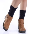 Women's cable knit leg warmers in navy blue styled with brown ankle boots - One Size / Navy Blue