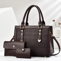 Ensemble de 3 sacs à main en cuir PU marron avec texture tressée et garniture dorée femme - Café