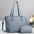 Blauwe tote bag en kleine tas set met schouderriem en bloemendecoratie - Blauw