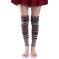 Detail of bohemian knit leg warmers showing colorful patterns and thick woolen texture - One Size / Khaki Base