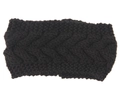 Close-up of thick black knitted headband featuring a warm chunky cable knit pattern - Black