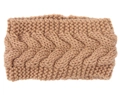 Detail of khaki cable knit headband showing thick textured wool material and braided pattern - Camel