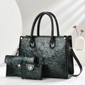 Elegant 3-piece floral embossed handbag set with tote, wallet and card holder - Green