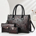 Luxury 3-piece floral embossed handbag set with large tote and shoulder bags in black - Wine Red