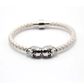 Men's white braided leather bracelet with silver skull beads and magnetic clasp - White + White K