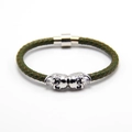 Olive green braided leather punk bracelet with polished silver skull beads and magnetic clasp - Green + White K