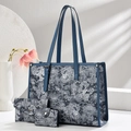 Three-piece large capacity blue tote bag set with traditional white phoenix prints - Blue