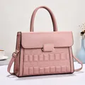 Close-up of pink leather handbag featuring gold clasp and square embossed texture - Dusty Pink