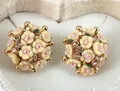 Floral cluster stud earrings with beige and pink roses and champagne crystals - Light Yellow Flower Ball