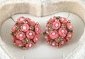 Pink and white 3D floral stud earrings with rhinestones in a heart jewelry box - Dark Red Flower Ball