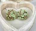 Floral stud earrings in light green and pink petals with gold base and crystals - Light Green Flower Ball