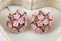 Pink and white rose flower cluster stud earrings with gold finish and rhinestones - Light Pink Flower Ball