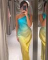 Detailed texture of blue and yellow gradient silk fabric on a one-shoulder maxi dress - XS / Gradient