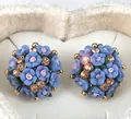 Blue and pink ceramic floral stud earrings with champagne rhinestones in heart box - Dark Blue Flower Ball