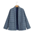 Ethnic style dark blue quilted jacket with white geometric diamond patterns in size S - S / Blue
