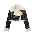 Giacca biker da donna in ecopelle con profili in shearling bianco e chiusura lampo - XS / Nero