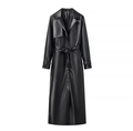 Detail of classic lapel and adjustable cuff straps on black PU leather trench coat - S / Black
