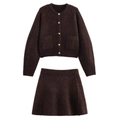 Detail of deep brown knit set showing metal buttons and textured fabric texture - S / Set