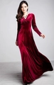 Elegant red V-neck long sleeve velvet maxi dress featuring a slim fit silhouette - S / Burgundy