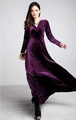 Elegant deep purple gold velvet maxi dress with a plunging V-neck and long sleeves - S / Purple