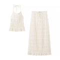Set bianco due pezzi con top allacciato al collo e gonna lunga a pieghe con balze - M / Top E Pantaloni / Bianco