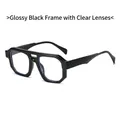 Irregular geometric double bridge glasses with glossy black frame and clear lenses - Glossy Black Frame / Clear Lenses