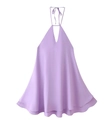 Detail view of the lavender halter dress featuring a deep V-neck and layered ruffle hemline - S / Violet