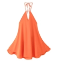 Detail view of orange halter neck mini dress with deep V-neck and wavy tiered hemline - S / Orange