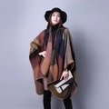 Elegant plaid shawl cape for women featuring contrast geometric patterns and split hem - Khaki