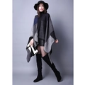 Women's color block knit poncho wrap in grey and black geometric pattern shawl - Black