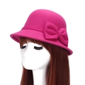 Elegant rose red wool cloche hat for women featuring a large double layer bow accent - Rose Red