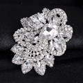 Luxury oversized silver flower brooch with pear-cut crystal and sparkling rhinestones - Flower Leaf Radiant Style (A005-A) / Silver
