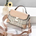 Tweed crossbody flap bag with contrast leather trim and wide logo jacquard strap - Khaki