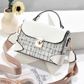 Contrast stitching tweed crossbody square bag with wide shoulder strap and gold clasp - Off-white