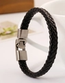 Pulsera minimalista de cuero trenzado negro con cierre de plata vintage estilo industrial - Negro