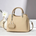 Borsa a mano in tessuto beige con manici in pelle marrone e mini pochette coordinata - Cachi