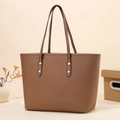 Brown litchi grain leather tote bag with silver rivets and long shoulder strap - Khaki