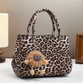 Leopard print tote bag with dual handles and brown plush charm for women - Khaki