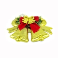 Flat Christmas tree ornaments featuring golden bells with a red velvet bow and green pine leaves - Gold