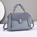 Gray-blue leather handbag with woven texture flap and pleated handle for women - Blue