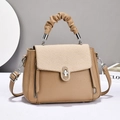 Elegant beige leather handbag with woven texture flap and pleated cloud-style handle - Dark Khaki