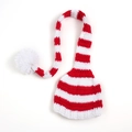 Detail of red and white striped crochet baby Christmas hat with long tail and soft pompom - White Edge Large Size
