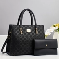 Elegant black embossed tote bag set with matching clutch and gold metal hardware accents - Black