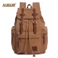 Retro khaki canvas and leather backpack with multi-pocket design and buckle straps - Earthy Yellow