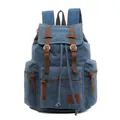 Retro denim blue canvas backpack with brown leather straps and drawstring closure - Blue