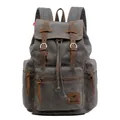 Vintage dark grey canvas backpack with brown leather straps and metal buckles - Gray
