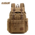 Vintage khaki canvas backpack for men with dark brown leather straps and buckle closure - Brown