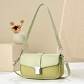 Detail of pistachio green shoulder bag with woven texture, leather flap and metal buckle - Green