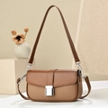 Detail of a brown leather and khaki woven flap bag with a silver square metal lock - Brown