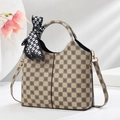 Retro checkered handbag with floral patterns and heart-print silk scarf accessory - Khaki Floral